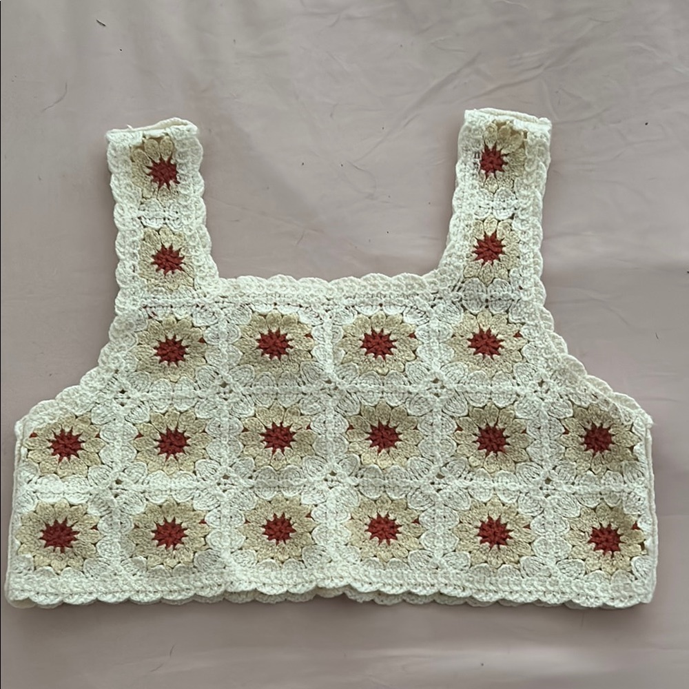 Crochet Lace Crop Top - Cream and Red